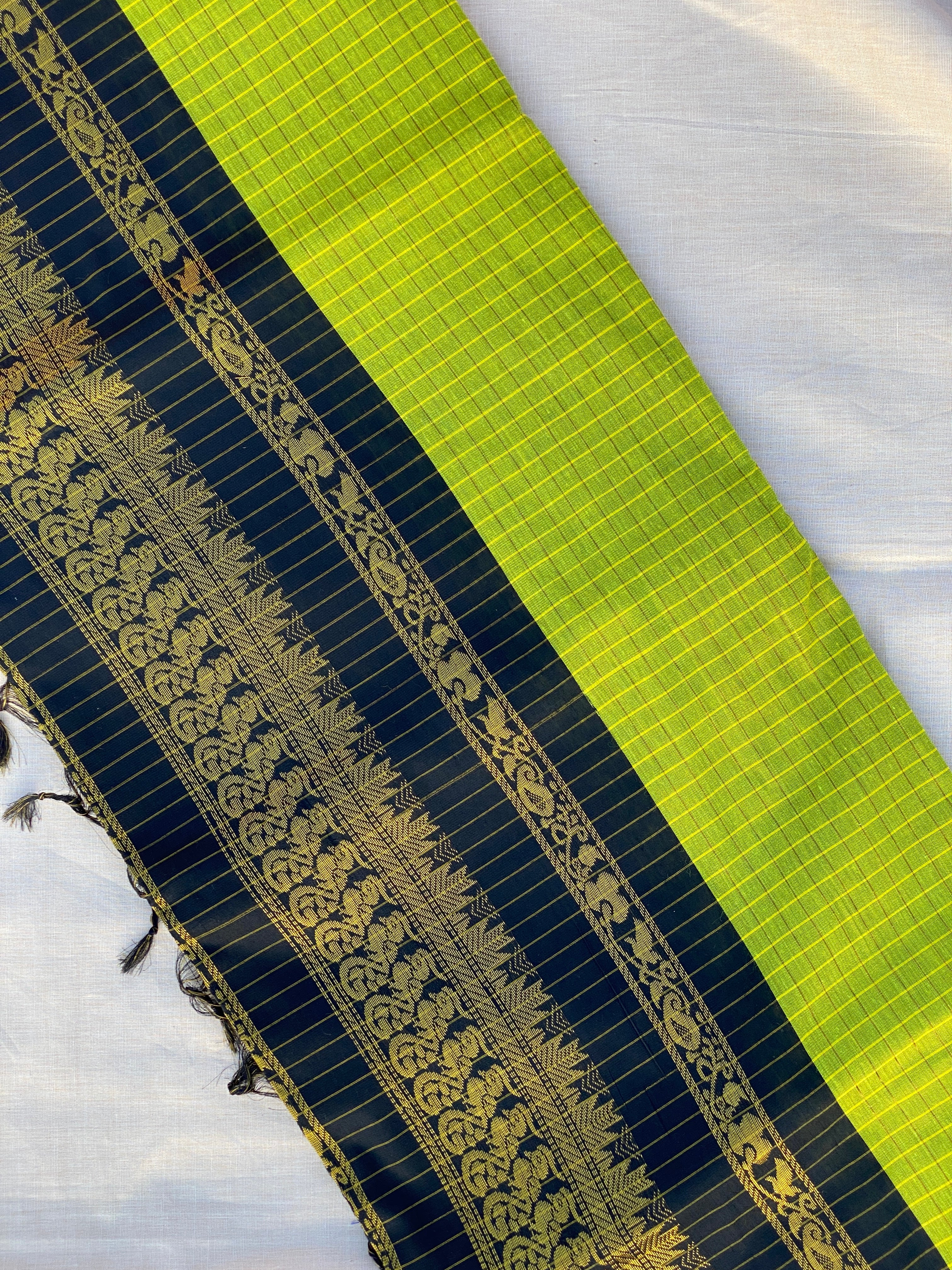 Kalyani Cotton - Parrot Green (Black Border)