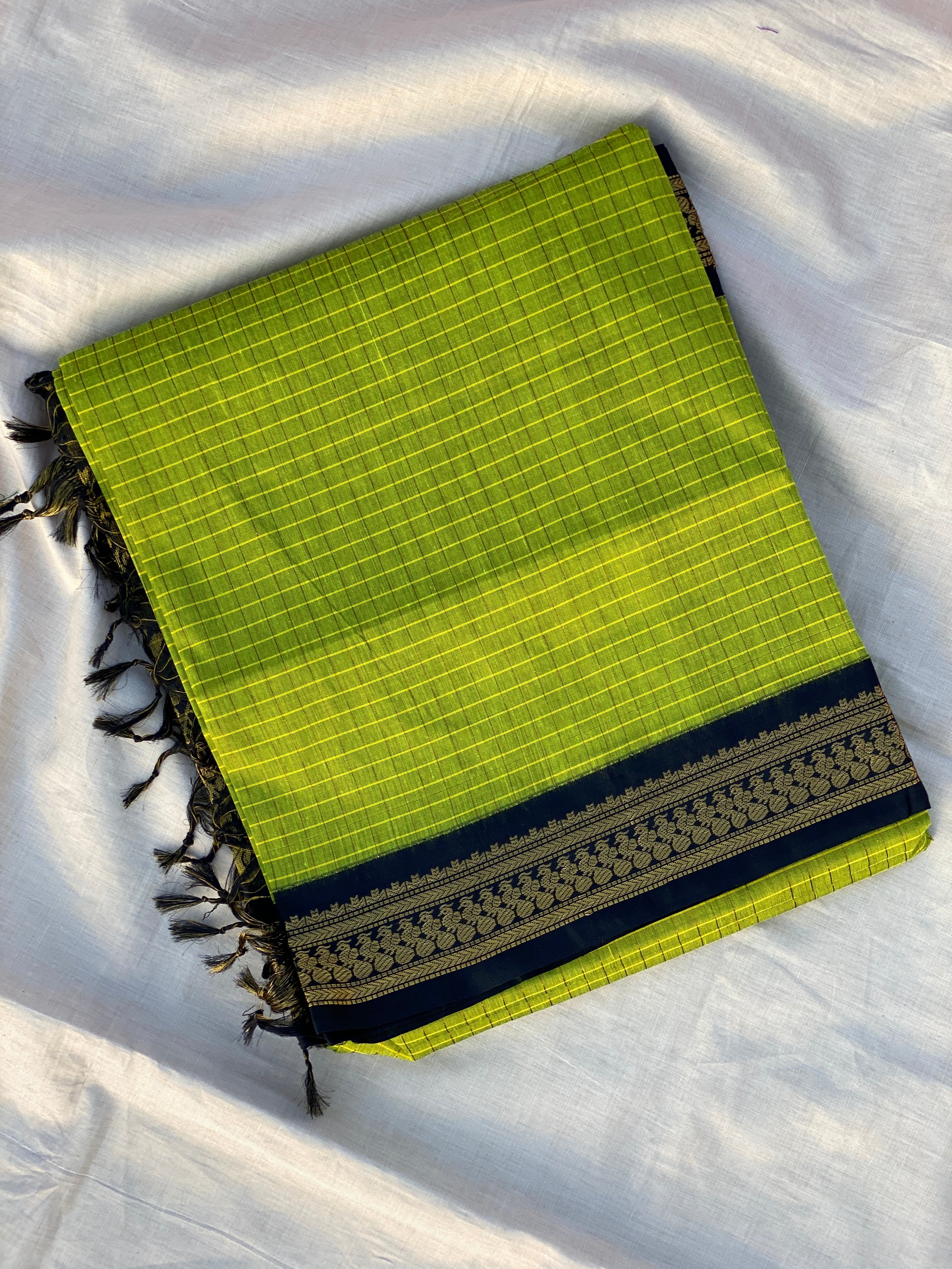 Kalyani Cotton - Parrot Green (Black Border)