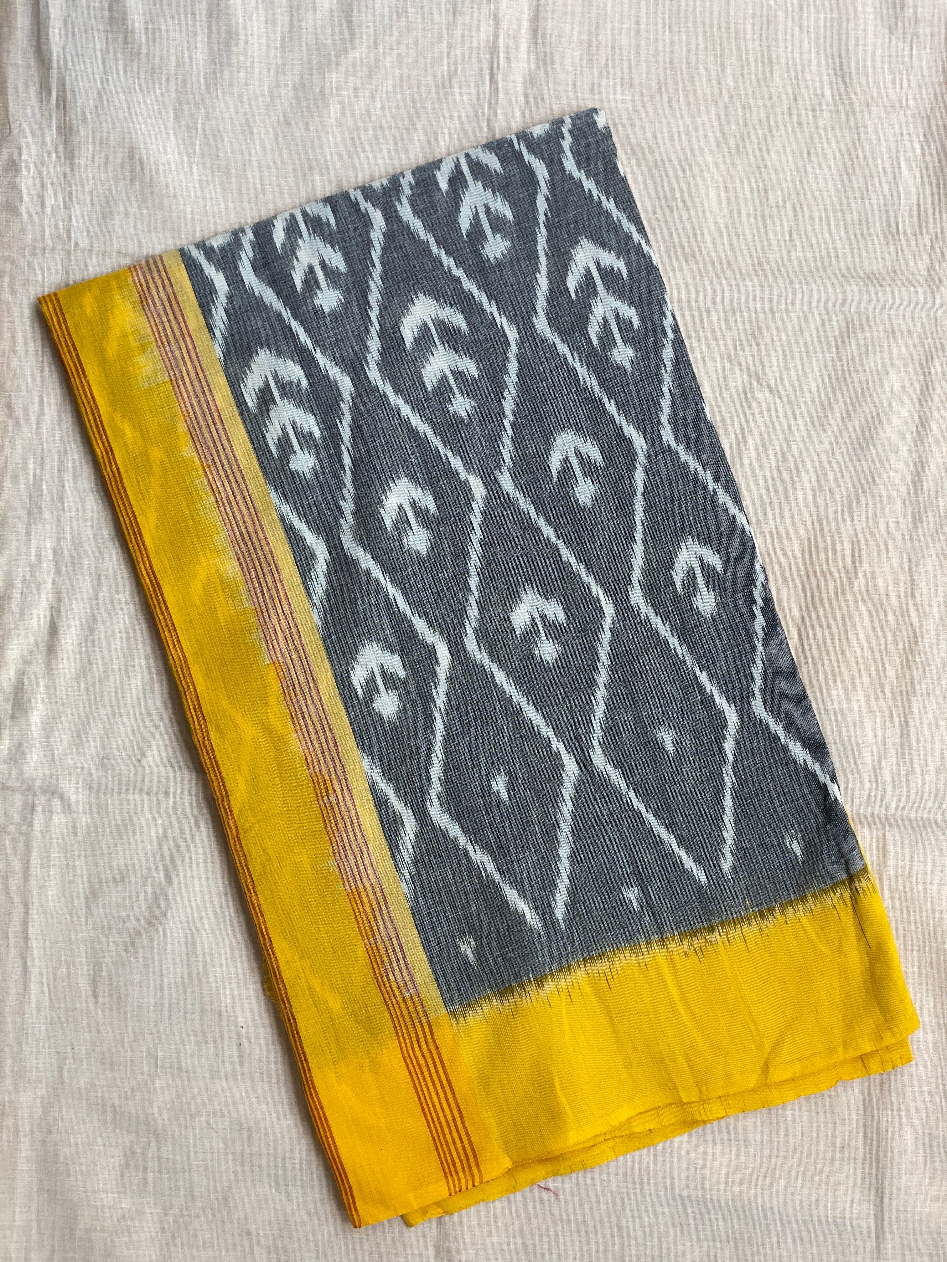 Pochampally Ikkat - Deep Charcoal Grey (Yellow Border)