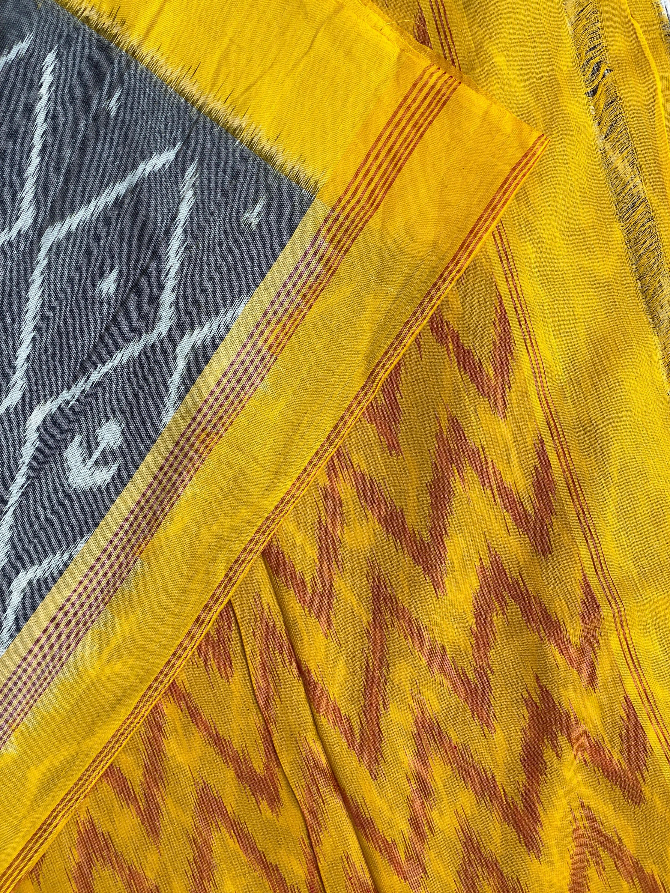 Pochampally Ikkat - Deep Charcoal Grey (Yellow Border)
