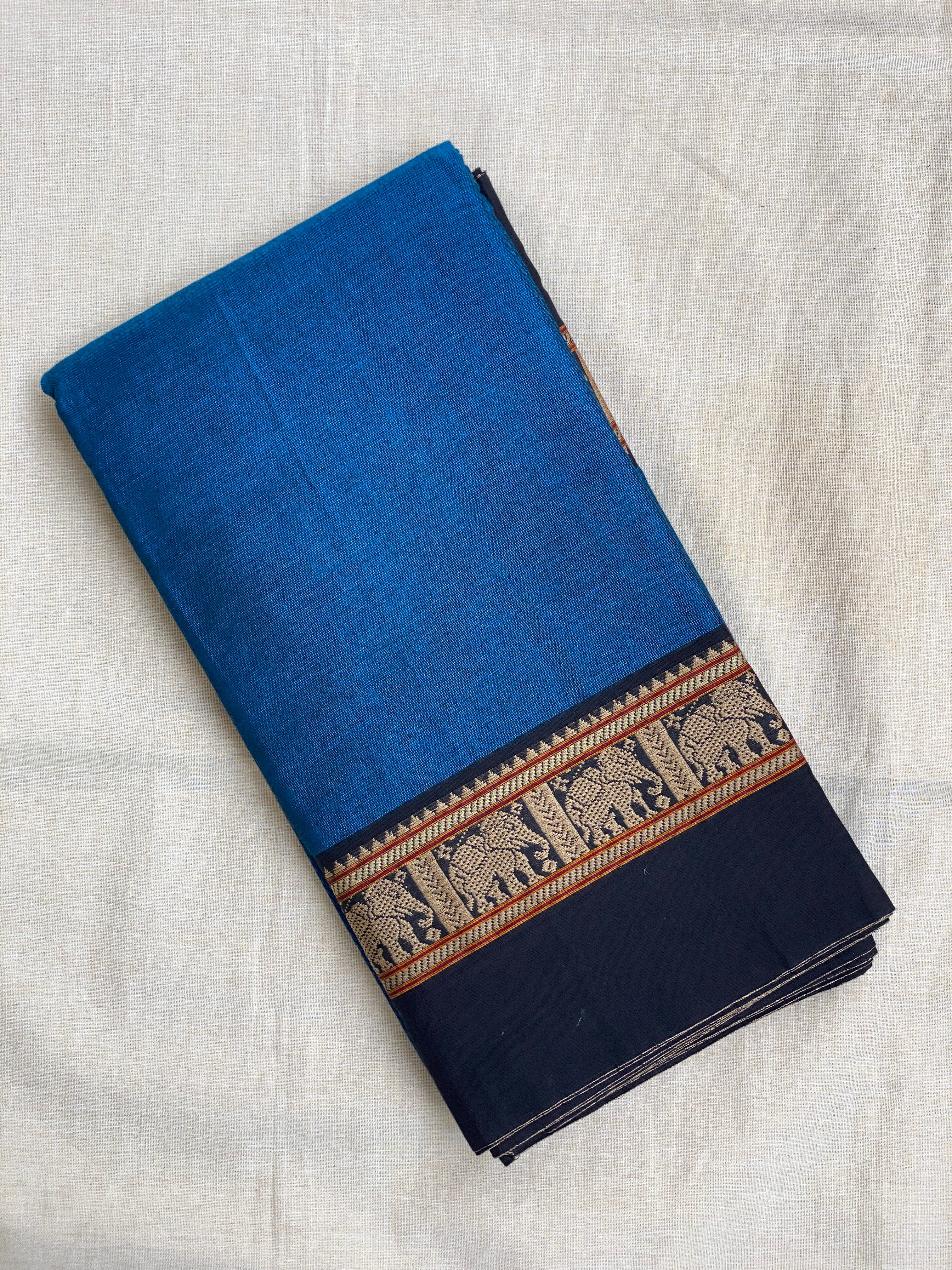 Narayanpet Elephant Border - Plain Blue