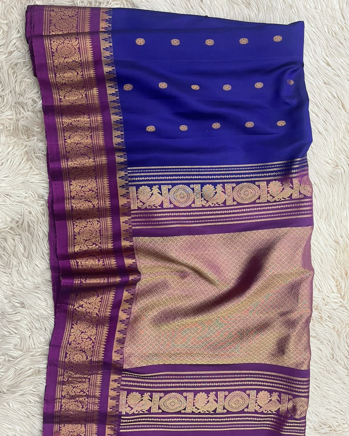 Royal Blue - Purple Border Handloom Gadwal Pattu Saree