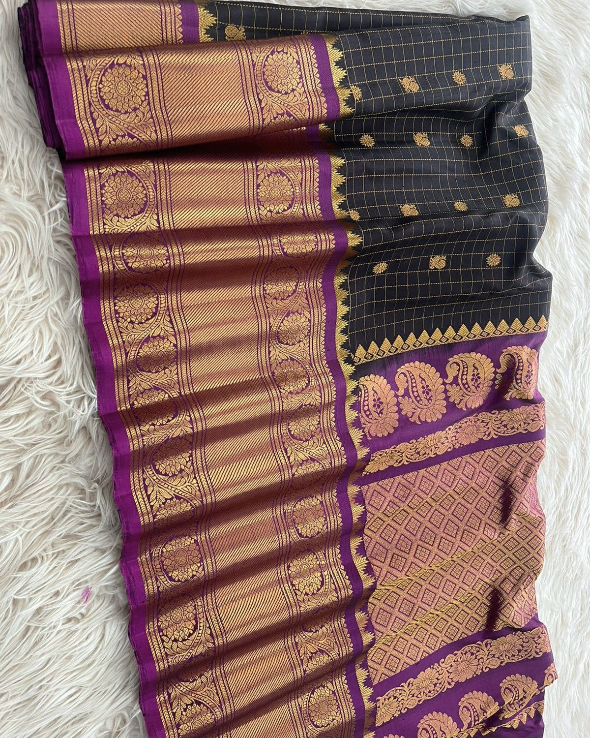 Charcoal Black - Royal Purple Handloom Gadwal Pattu Saree