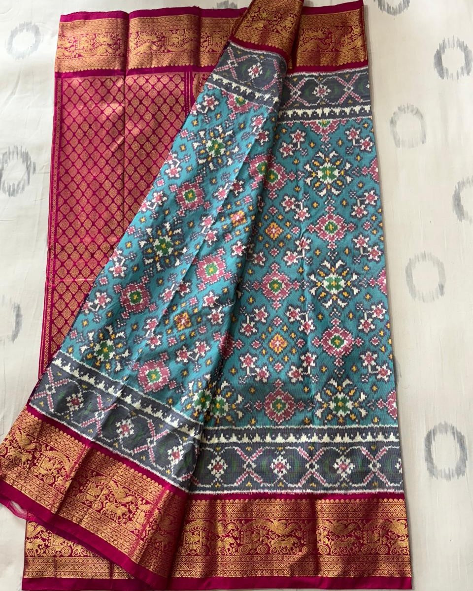 Teal Blue - Floral Handloom Pochampally Ikkat Pattu