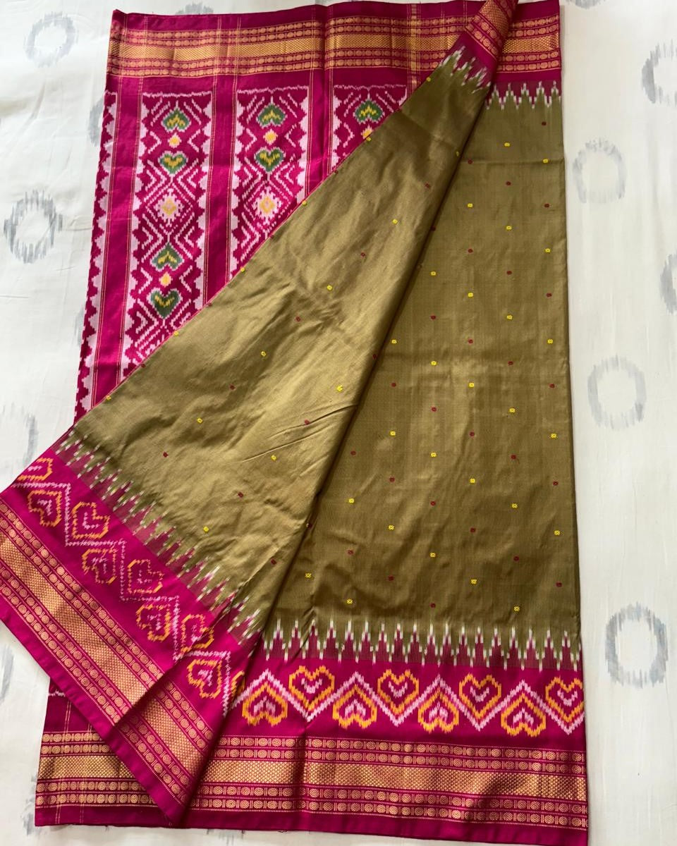 Olive Green - Maroon Border Handloom Pochampally Ikkat Pattu